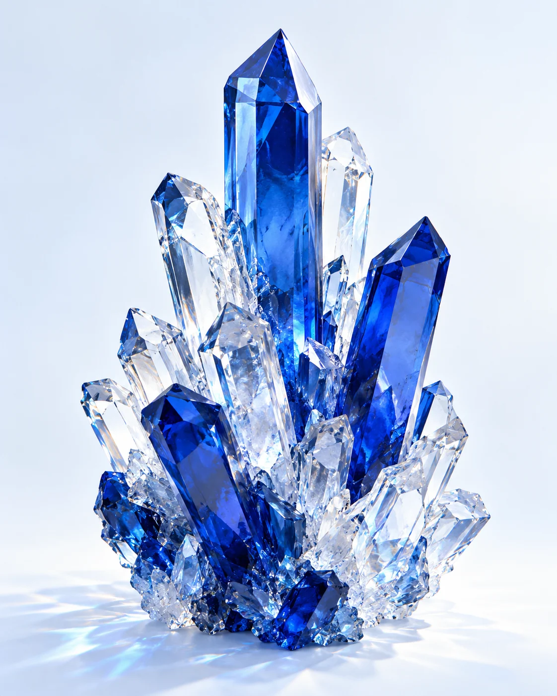 An abstract sculpture of cobalt-blue and clear crystalline prisms.