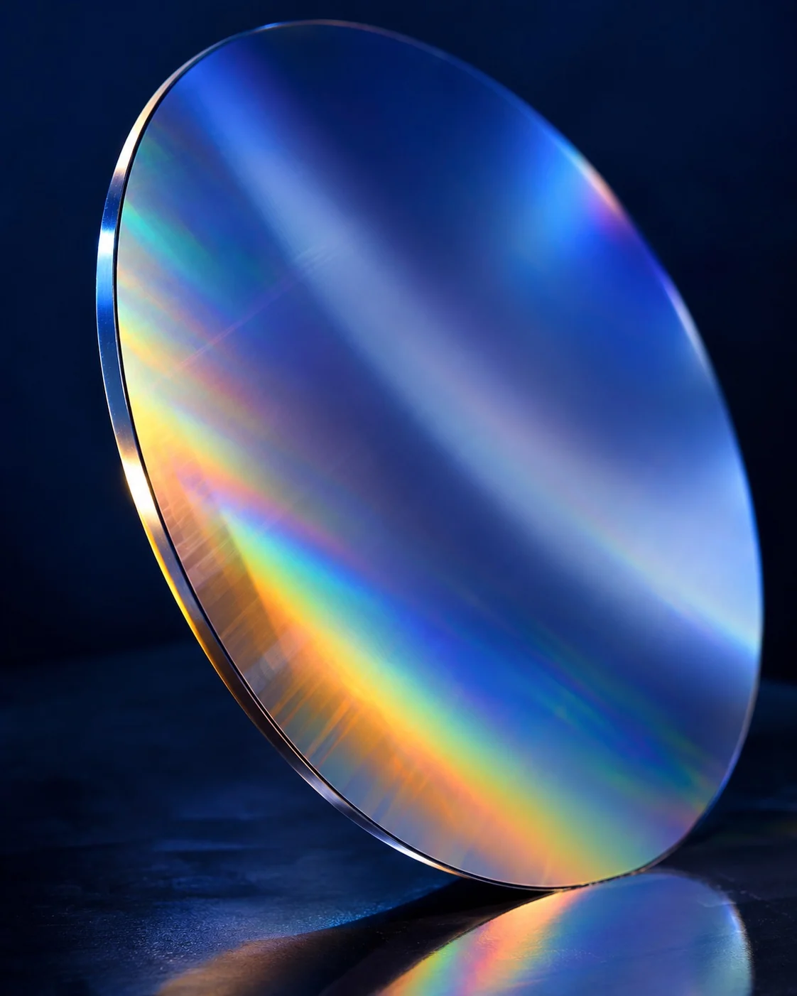 An iridescent silicon wafer with subtle interference colors against deep navy.