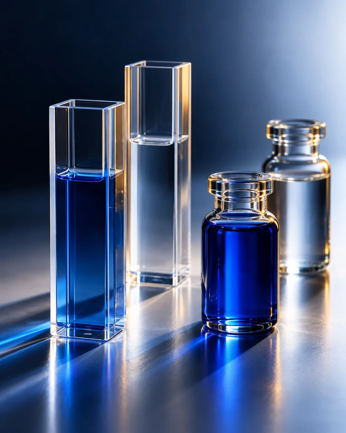Clear glass cuvettes and vials holding cobalt-blue solutions in cool studio light.