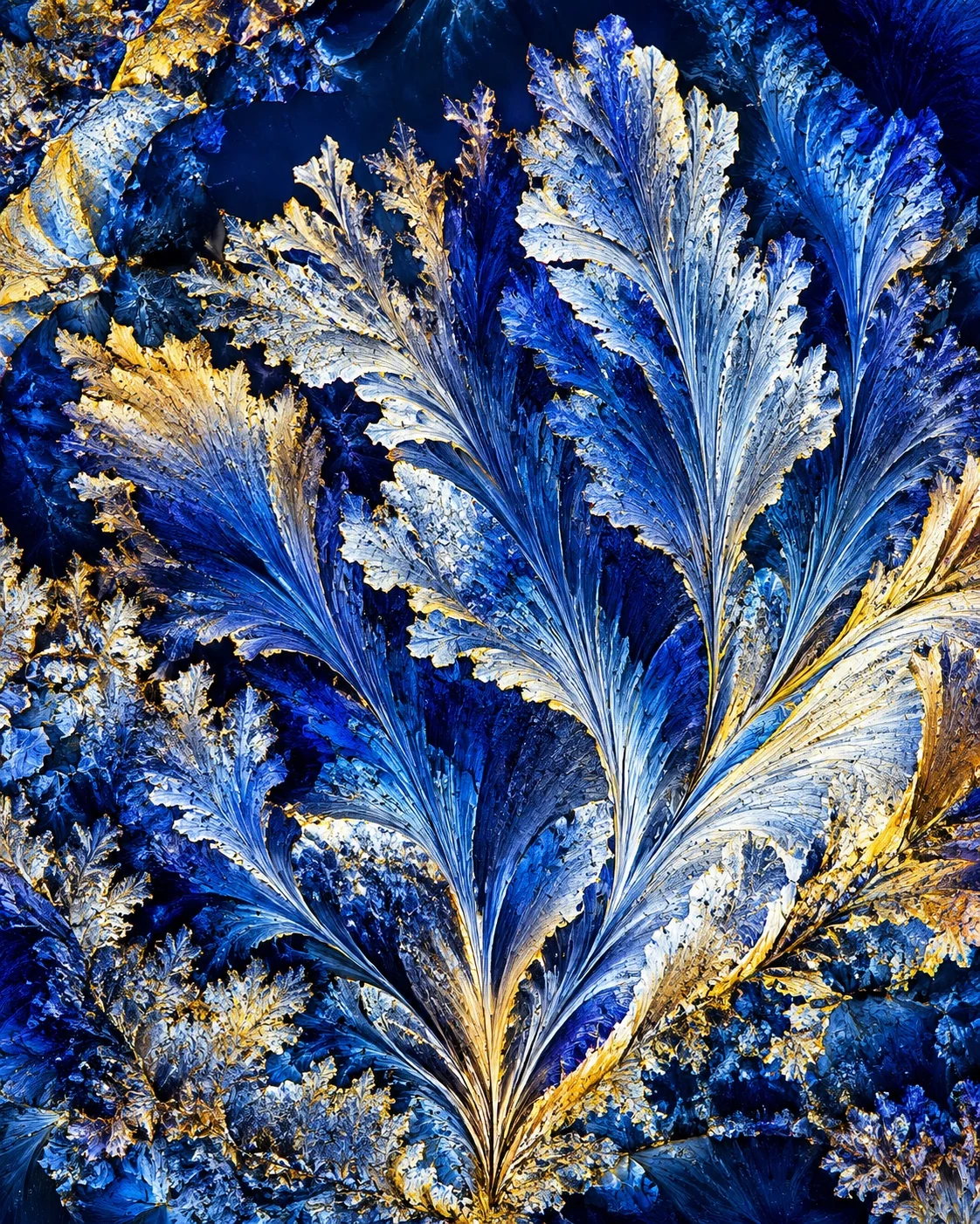 A conceptual polarized-light view of branching crystal textures in indigo and gold.